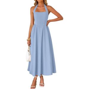 imageZESICA Womens Summer Sleeveless Halter Midi Dress 2025 Off Shoulder High Waist Swing Flowy Beach Long DressesBlue