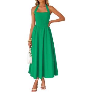 imageZESICA Womens Summer Sleeveless Halter Midi Dress 2025 Off Shoulder High Waist Swing Flowy Beach Long DressesGreen