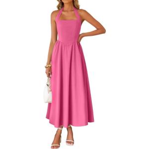 imageZESICA Womens Summer Sleeveless Halter Midi Dress 2025 Off Shoulder High Waist Swing Flowy Beach Long DressesHotpink