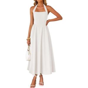 imageZESICA Womens Summer Sleeveless Halter Midi Dress 2025 Off Shoulder High Waist Swing Flowy Beach Long DressesIvory