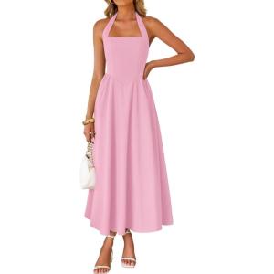 imageZESICA Womens Summer Sleeveless Halter Midi Dress 2025 Off Shoulder High Waist Swing Flowy Beach Long DressesPink