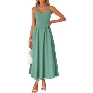 imageZESICA Womens Summer Sleeveless Halter Midi Dress 2025 Off Shoulder High Waist Swing Flowy Beach Long DressesSage