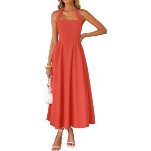 imageZESICA Womens Summer Sleeveless Halter Midi Dress 2025 Off Shoulder High Waist Swing Flowy Beach Long DressesWatermelonred