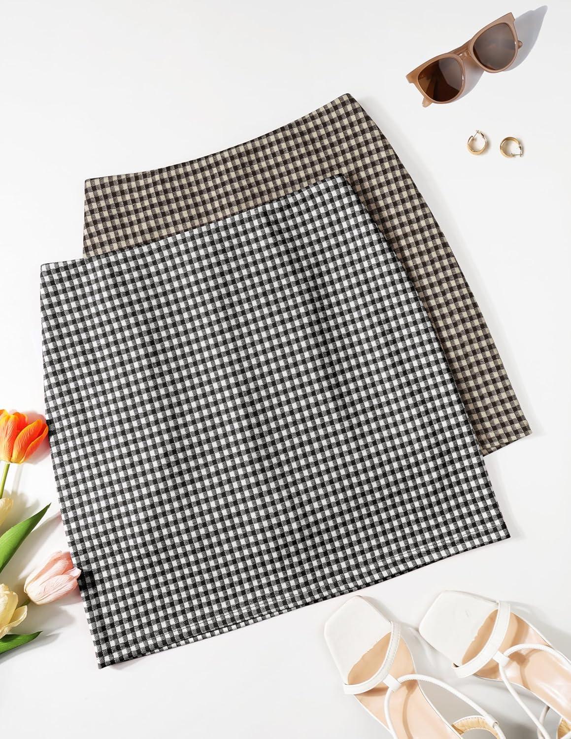 imageZESICA Plaid Mini Skirt for Womens 2025 Summer High Waist A Line Bodycon Pencil Skirts TrendyBlack