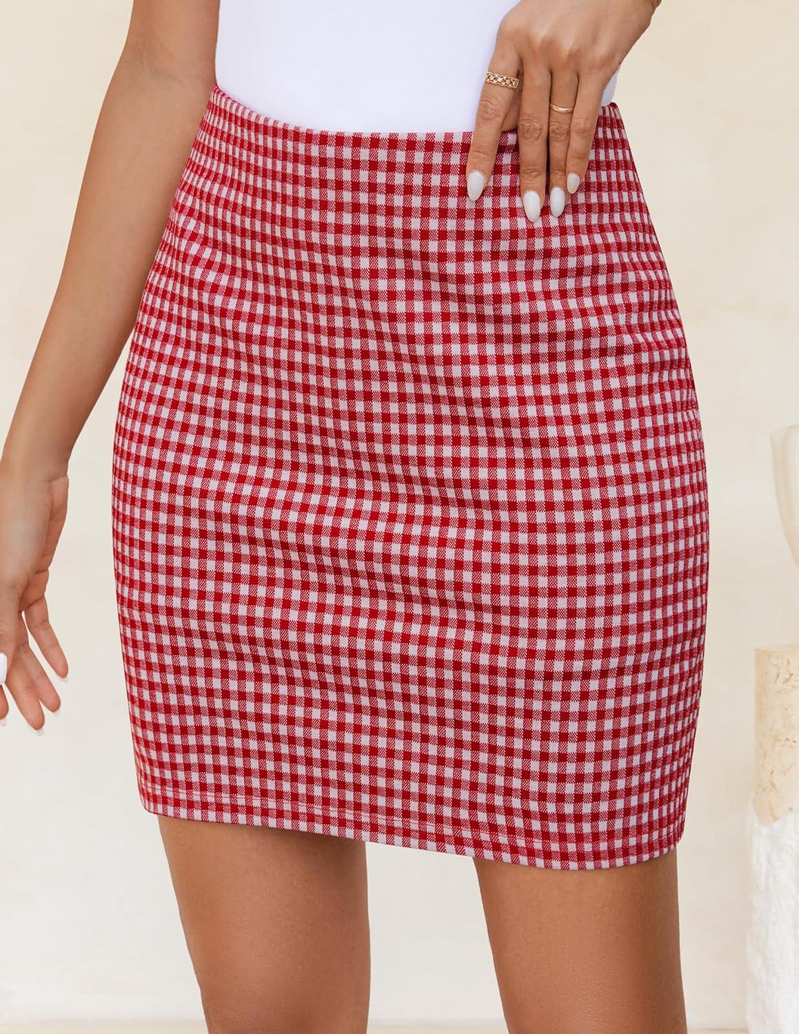 imageZESICA Plaid Mini Skirt for Womens 2025 Summer High Waist A Line Bodycon Pencil Skirts TrendyRed