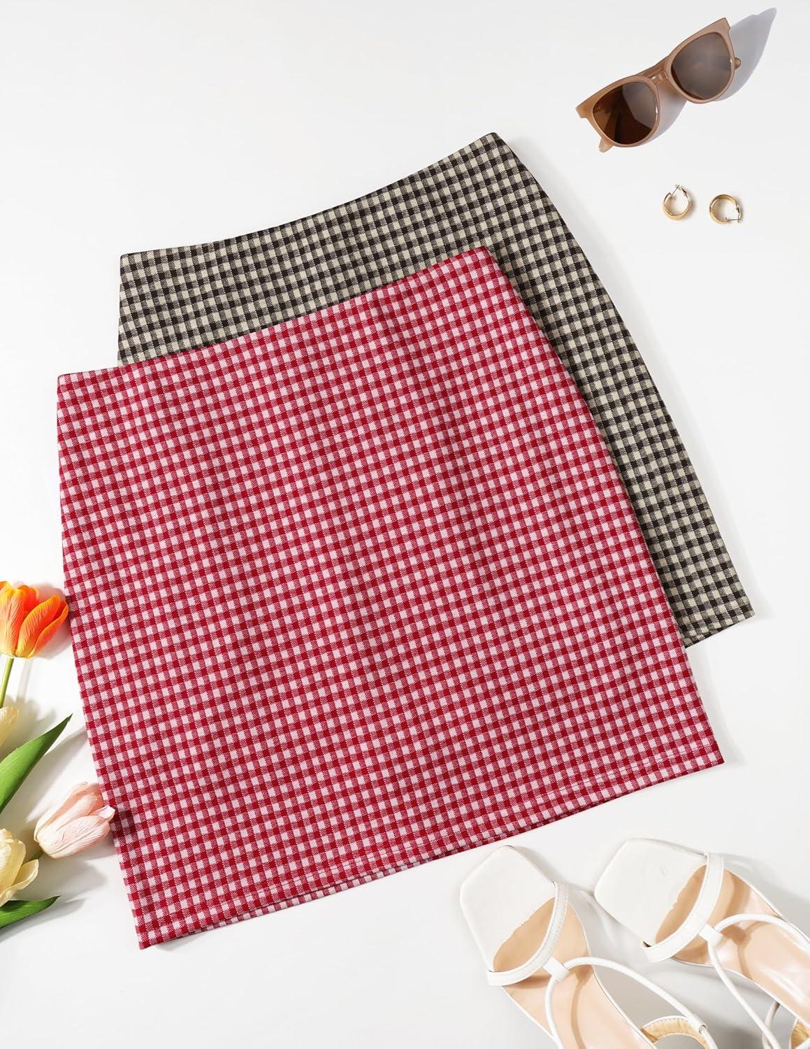 imageZESICA Plaid Mini Skirt for Womens 2025 Summer High Waist A Line Bodycon Pencil Skirts TrendyRed