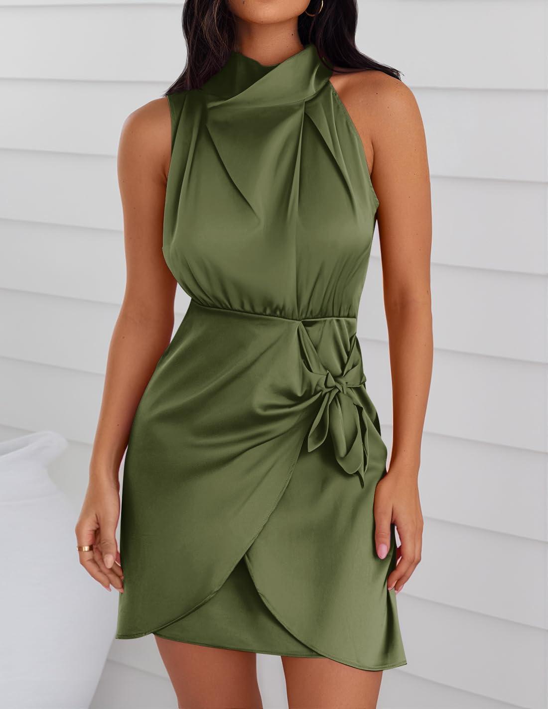 imageZESICA Womens 2025 Fashion Satin Sleeveless Halter Neck Tie Waist Wrap Bodycon Cocktail Party Mini DressArmygreen