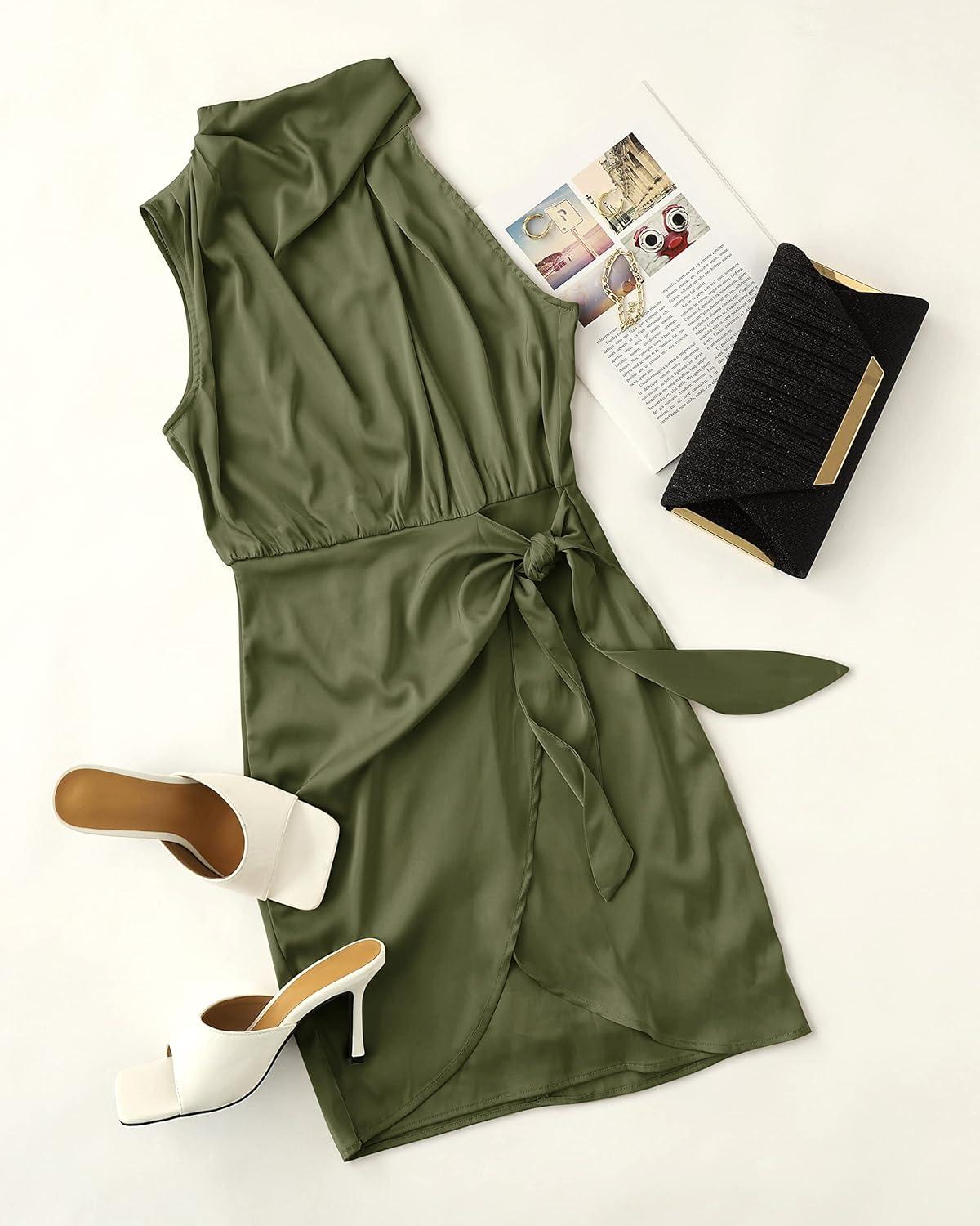 imageZESICA Womens 2025 Fashion Satin Sleeveless Halter Neck Tie Waist Wrap Bodycon Cocktail Party Mini DressArmygreen