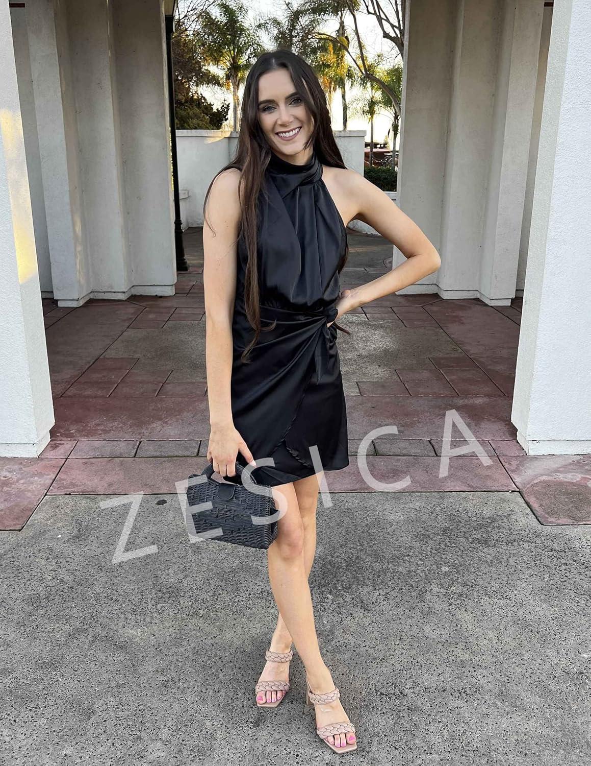 imageZESICA Womens 2025 Fashion Satin Sleeveless Halter Neck Tie Waist Wrap Bodycon Cocktail Party Mini DressBlack