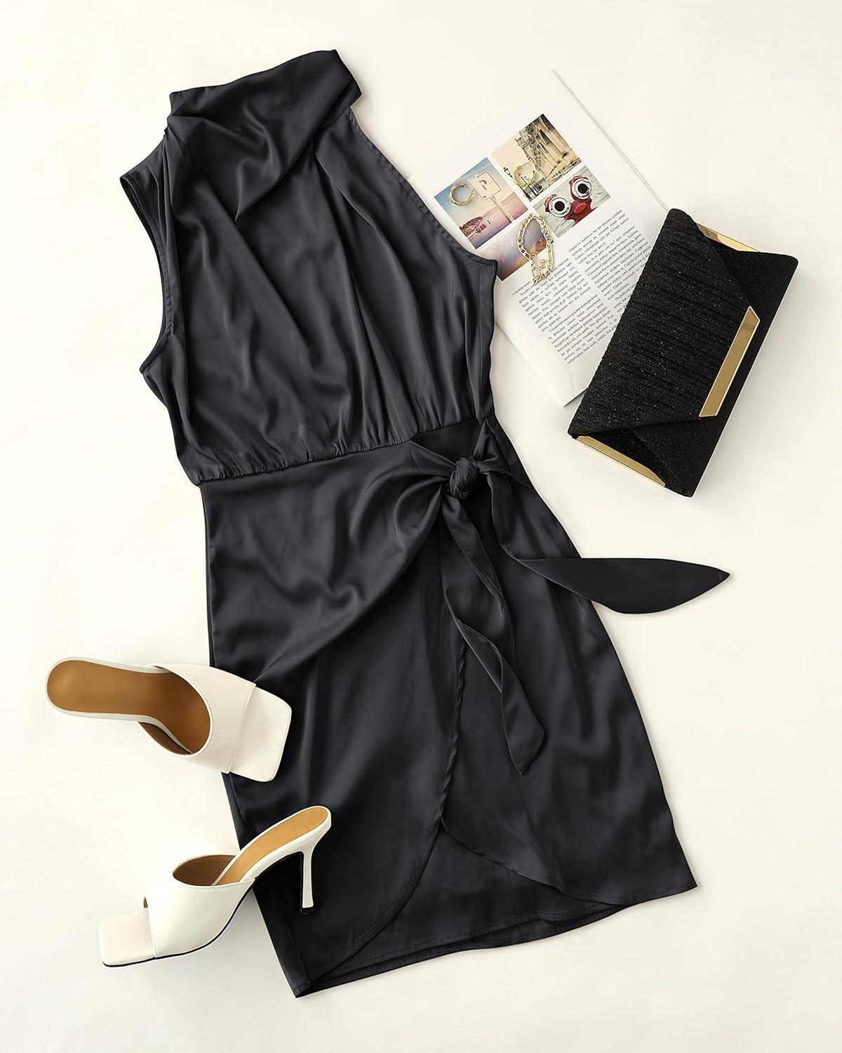 imageZESICA Womens 2025 Fashion Satin Sleeveless Halter Neck Tie Waist Wrap Bodycon Cocktail Party Mini DressBlack