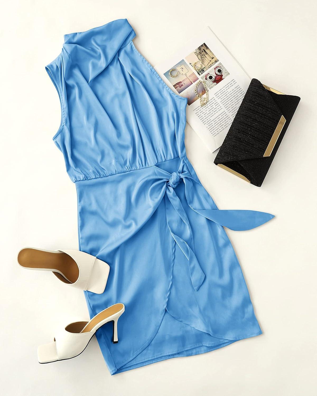 imageZESICA Womens 2025 Fashion Satin Sleeveless Halter Neck Tie Waist Wrap Bodycon Cocktail Party Mini DressBlue