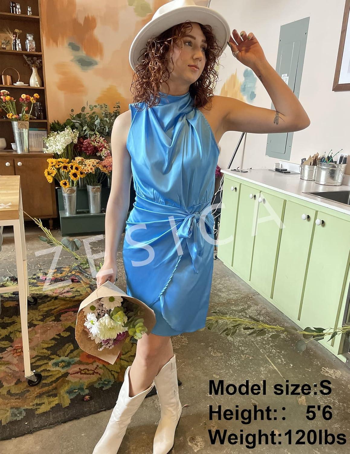 imageZESICA Womens 2025 Fashion Satin Sleeveless Halter Neck Tie Waist Wrap Bodycon Cocktail Party Mini DressBlue