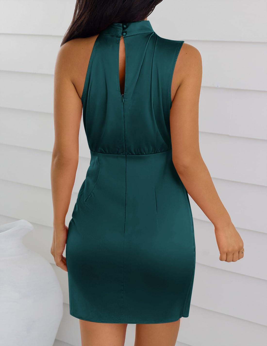 imageZESICA Womens 2025 Fashion Satin Sleeveless Halter Neck Tie Waist Wrap Bodycon Cocktail Party Mini DressEmeraldgreen