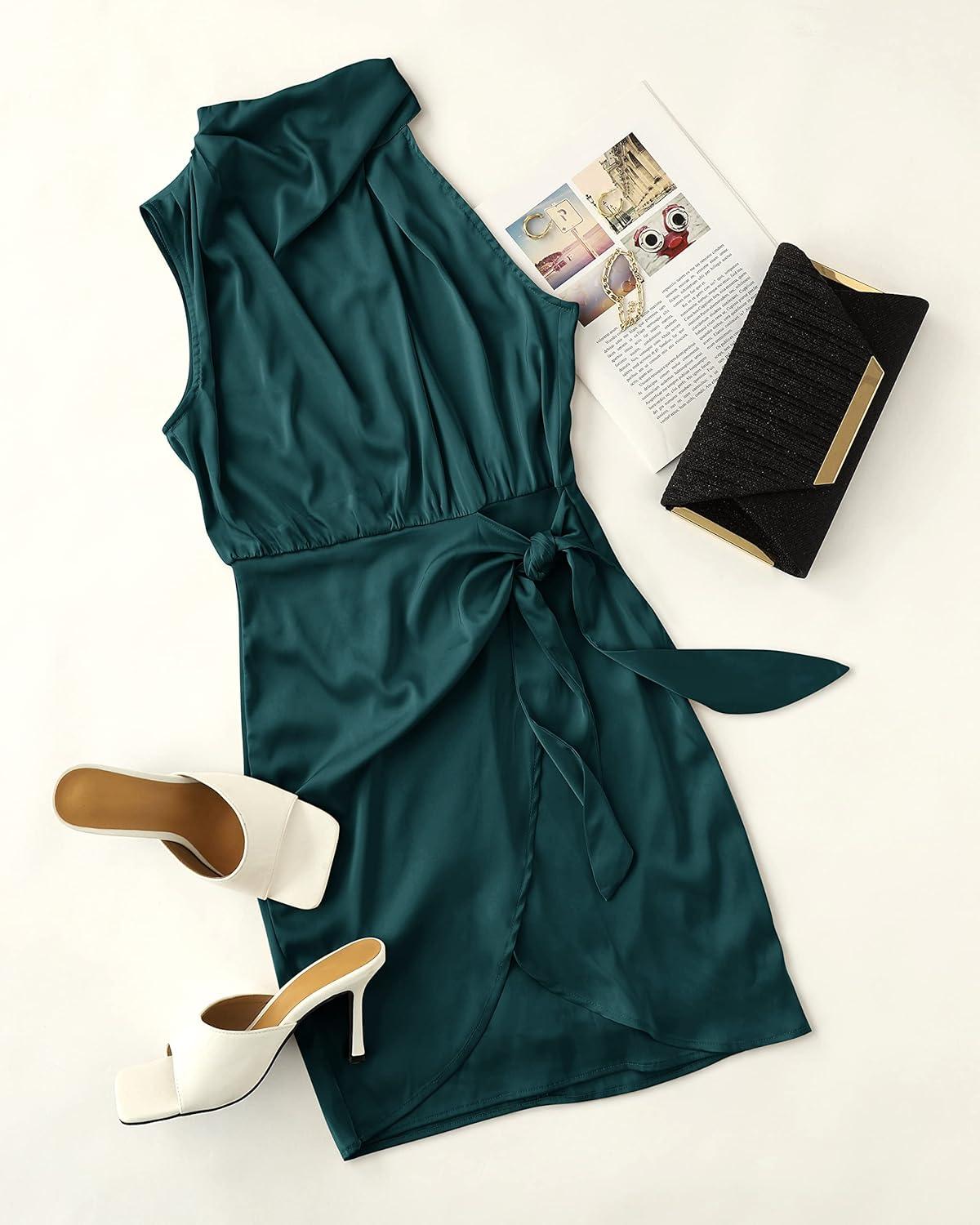imageZESICA Womens 2025 Fashion Satin Sleeveless Halter Neck Tie Waist Wrap Bodycon Cocktail Party Mini DressEmeraldgreen