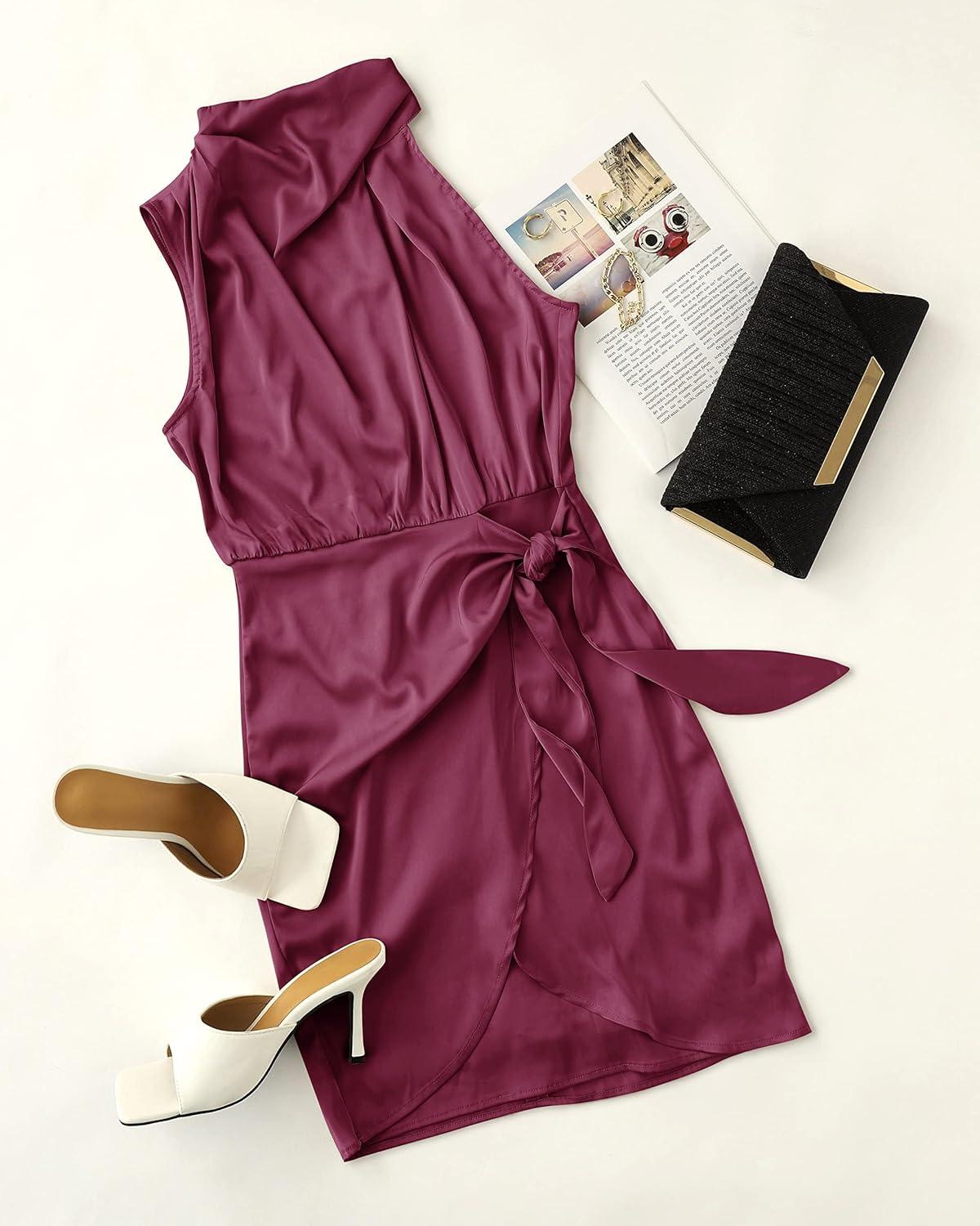 imageZESICA Womens 2025 Fashion Satin Sleeveless Halter Neck Tie Waist Wrap Bodycon Cocktail Party Mini DressFuchsia