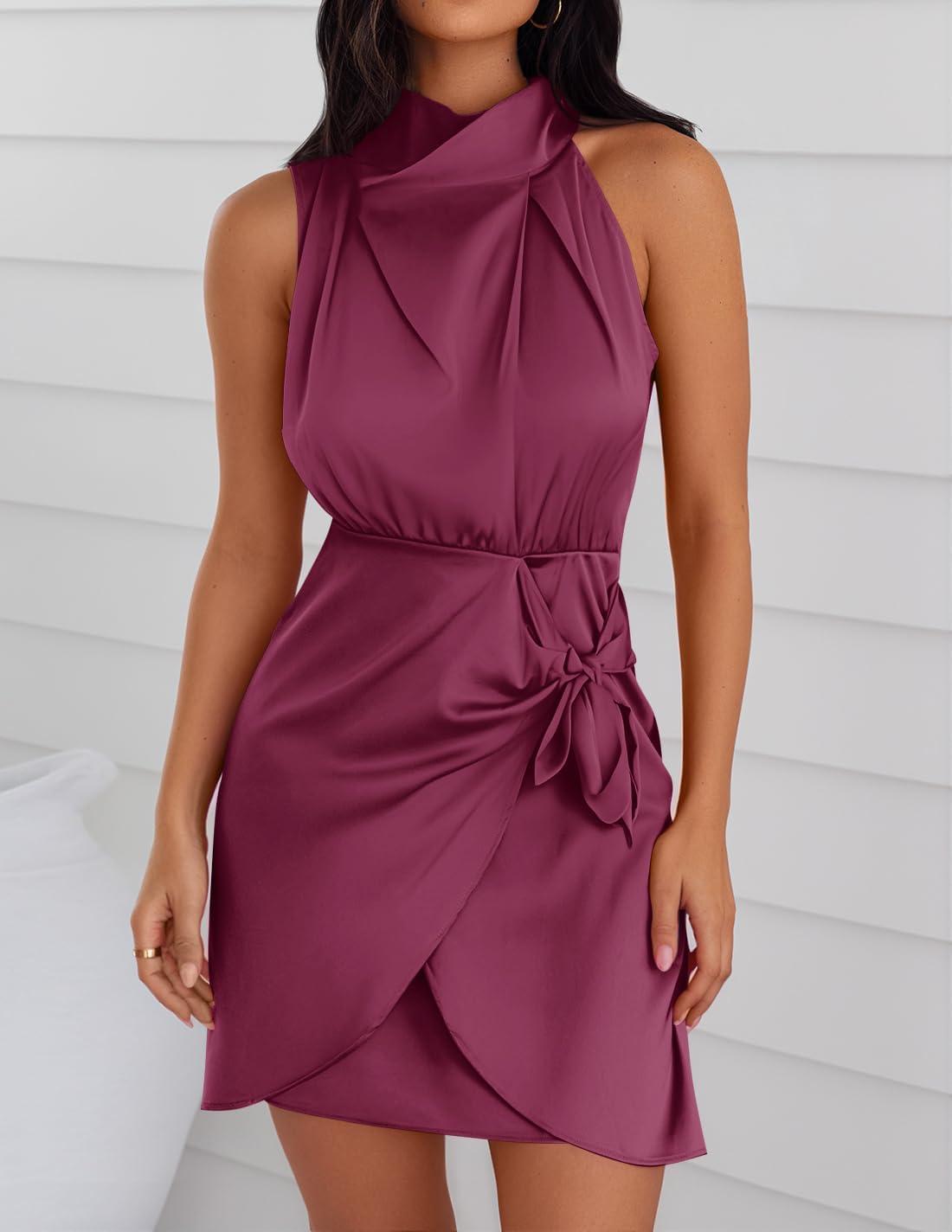 imageZESICA Womens 2025 Fashion Satin Sleeveless Halter Neck Tie Waist Wrap Bodycon Cocktail Party Mini DressFuchsia