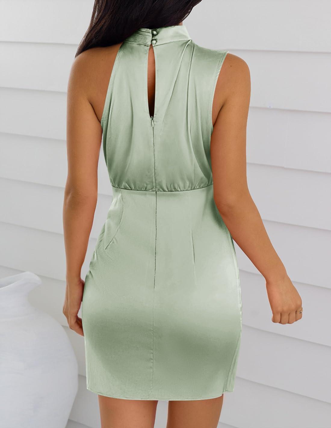 imageZESICA Womens 2025 Fashion Satin Sleeveless Halter Neck Tie Waist Wrap Bodycon Cocktail Party Mini DressGreen