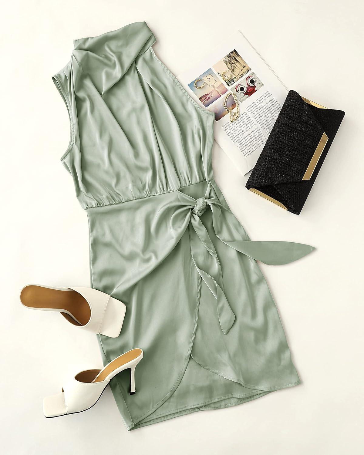 imageZESICA Womens 2025 Fashion Satin Sleeveless Halter Neck Tie Waist Wrap Bodycon Cocktail Party Mini DressGreen