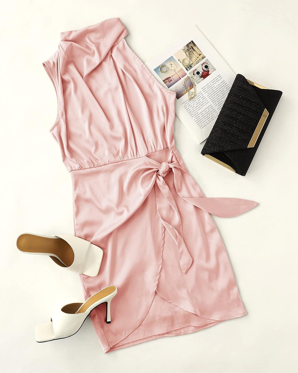 imageZESICA Womens 2025 Fashion Satin Sleeveless Halter Neck Tie Waist Wrap Bodycon Cocktail Party Mini DressLightpink