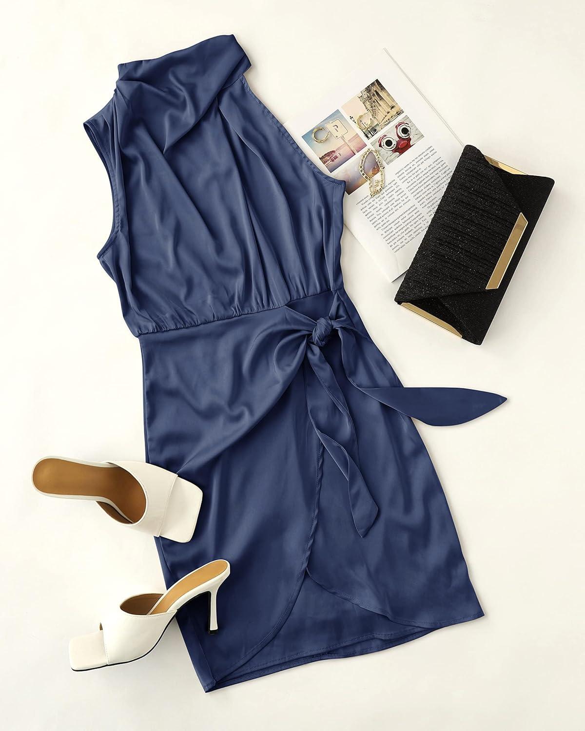 imageZESICA Womens 2025 Fashion Satin Sleeveless Halter Neck Tie Waist Wrap Bodycon Cocktail Party Mini DressNavy