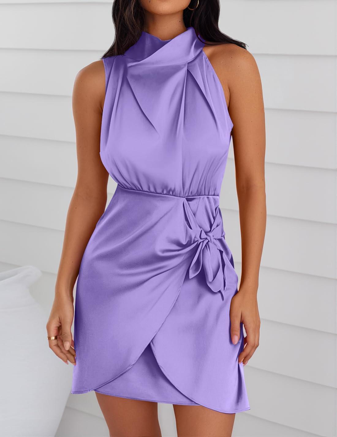 imageZESICA Womens 2025 Fashion Satin Sleeveless Halter Neck Tie Waist Wrap Bodycon Cocktail Party Mini DressPurple