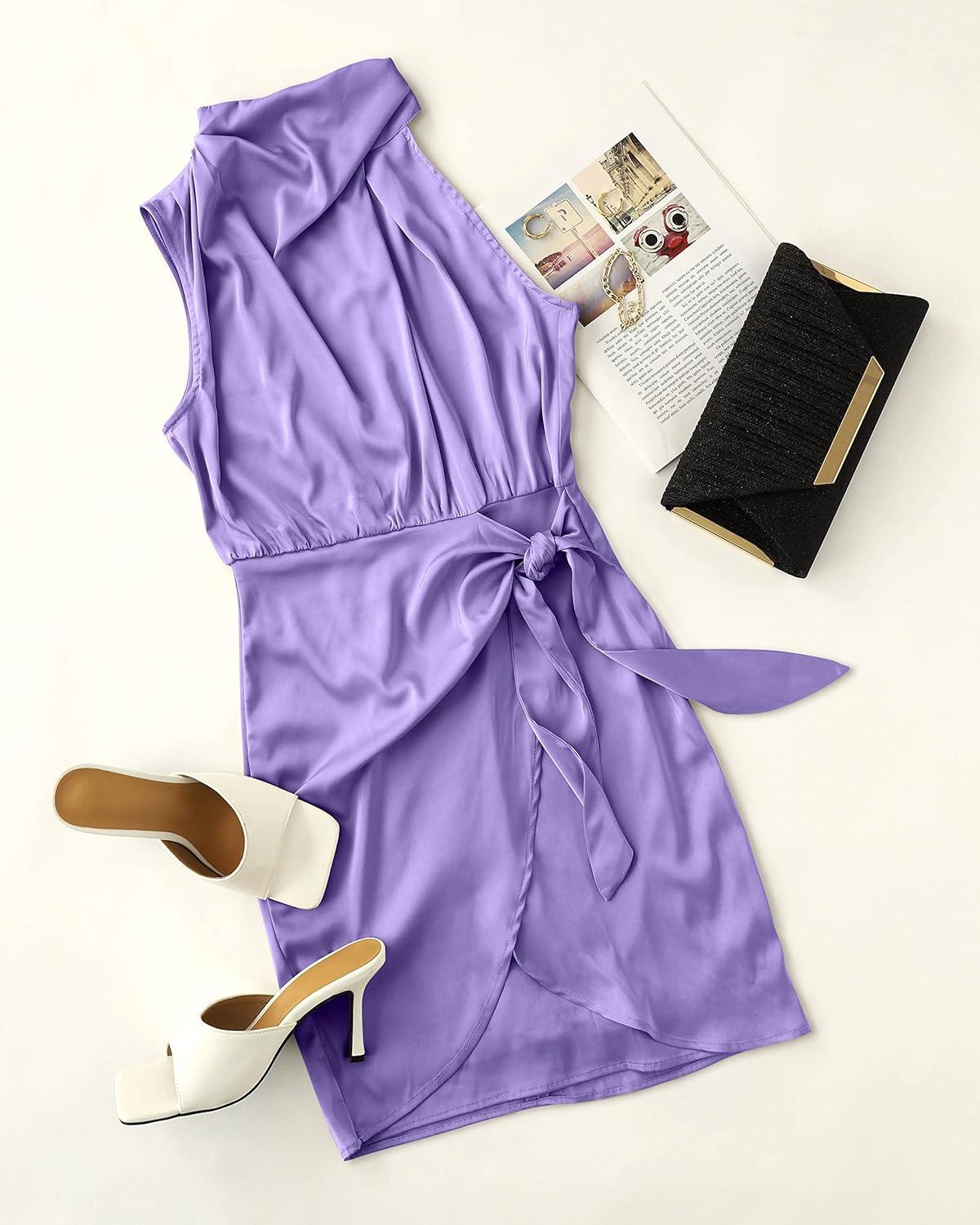 imageZESICA Womens 2025 Fashion Satin Sleeveless Halter Neck Tie Waist Wrap Bodycon Cocktail Party Mini DressPurple