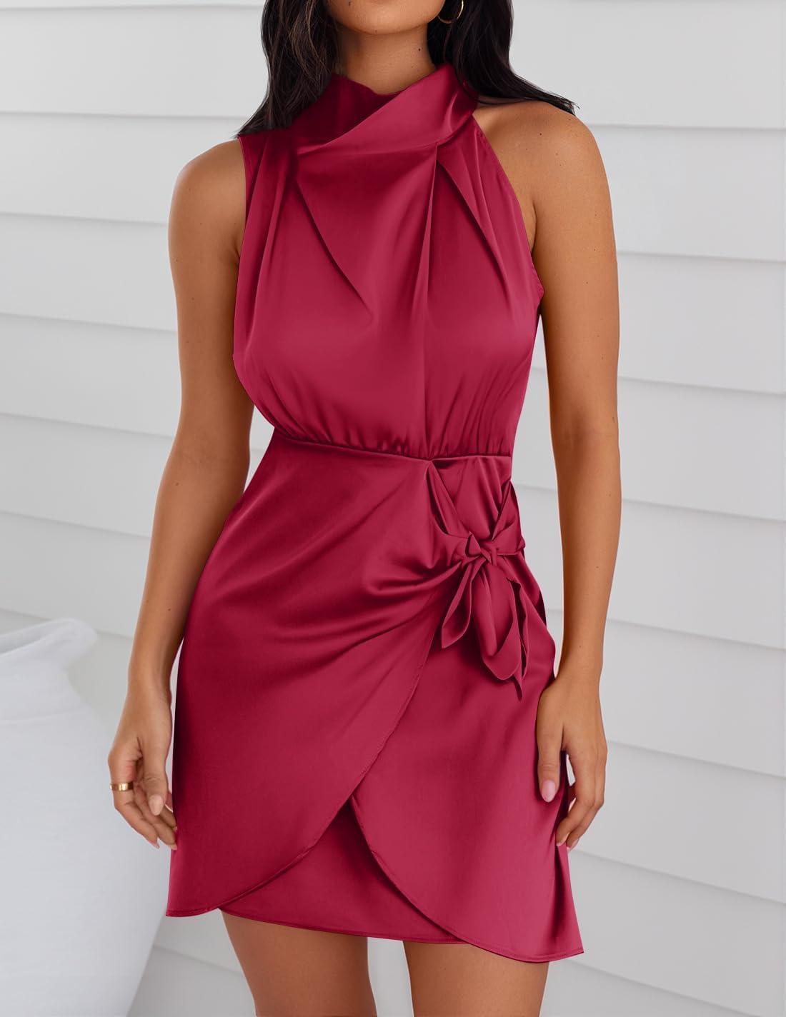 imageZESICA Womens 2025 Fashion Satin Sleeveless Halter Neck Tie Waist Wrap Bodycon Cocktail Party Mini DressRed