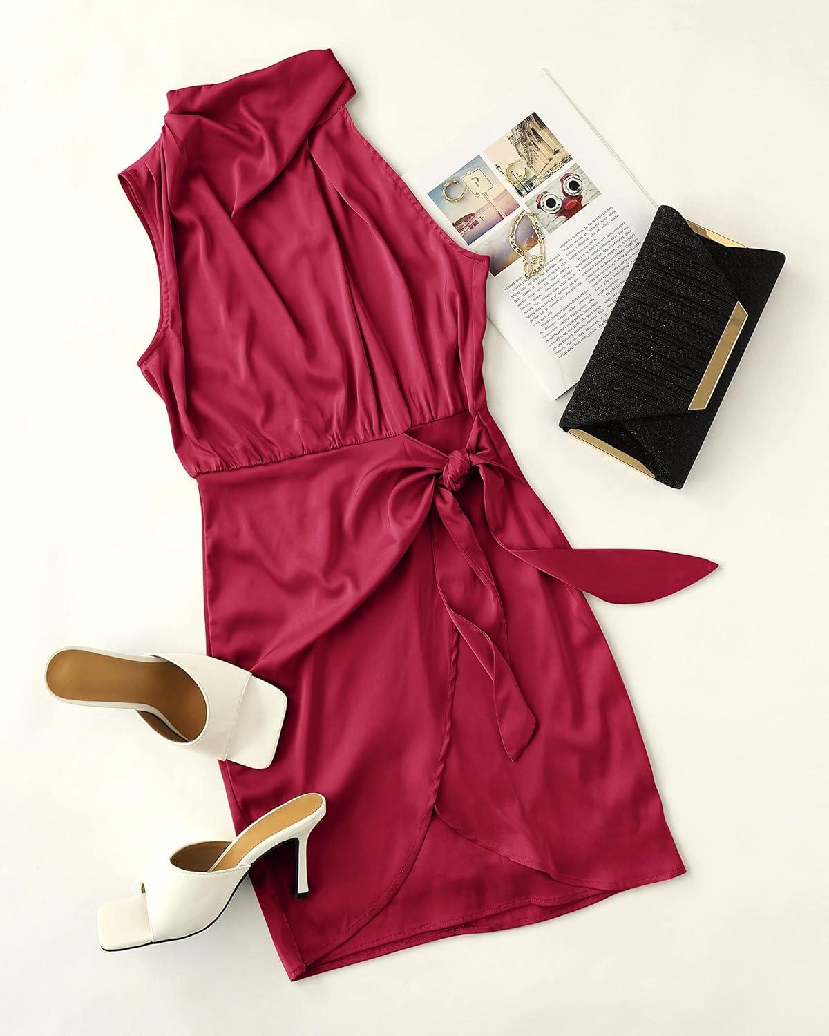 imageZESICA Womens 2025 Fashion Satin Sleeveless Halter Neck Tie Waist Wrap Bodycon Cocktail Party Mini DressRed