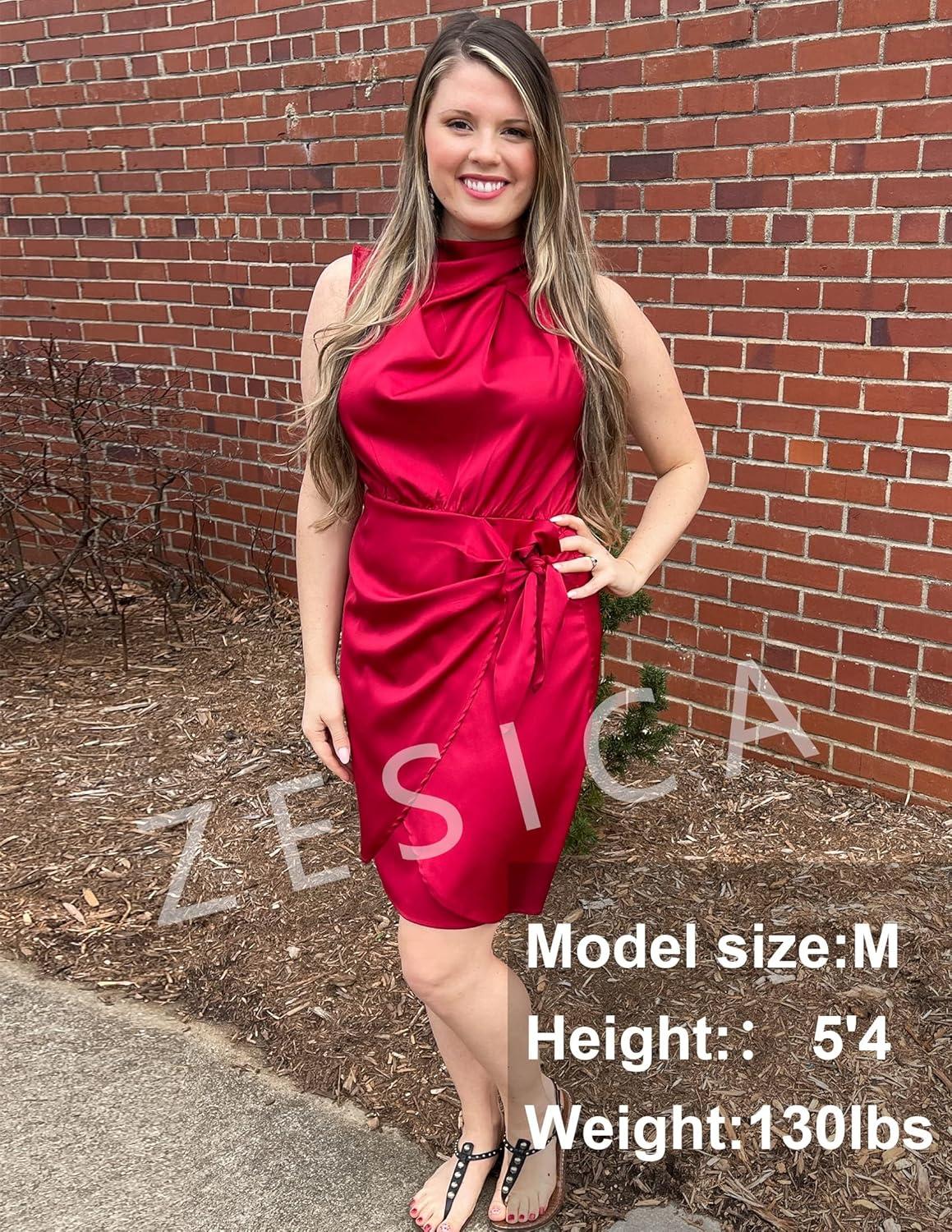 imageZESICA Womens 2025 Fashion Satin Sleeveless Halter Neck Tie Waist Wrap Bodycon Cocktail Party Mini DressRed