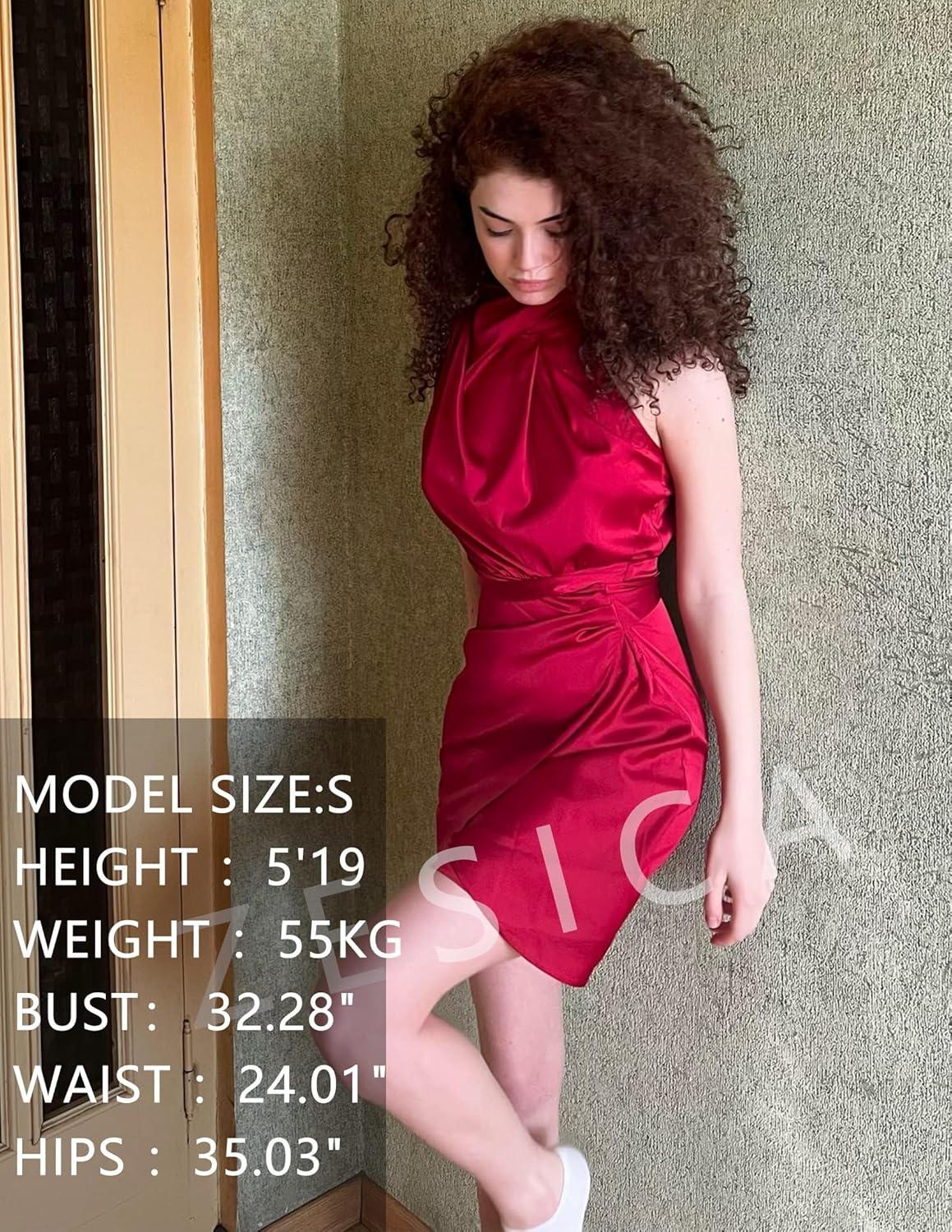 imageZESICA Womens 2025 Fashion Satin Sleeveless Halter Neck Tie Waist Wrap Bodycon Cocktail Party Mini DressRed
