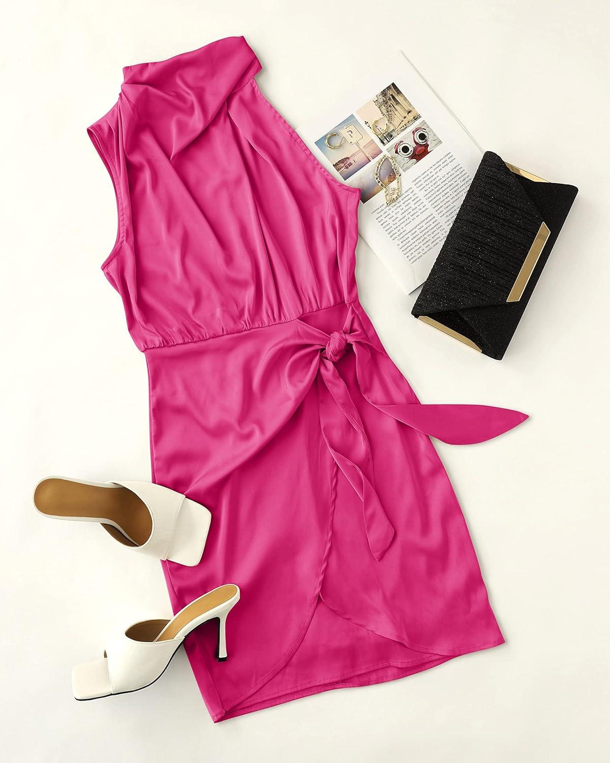 imageZESICA Womens 2025 Fashion Satin Sleeveless Halter Neck Tie Waist Wrap Bodycon Cocktail Party Mini DressRose