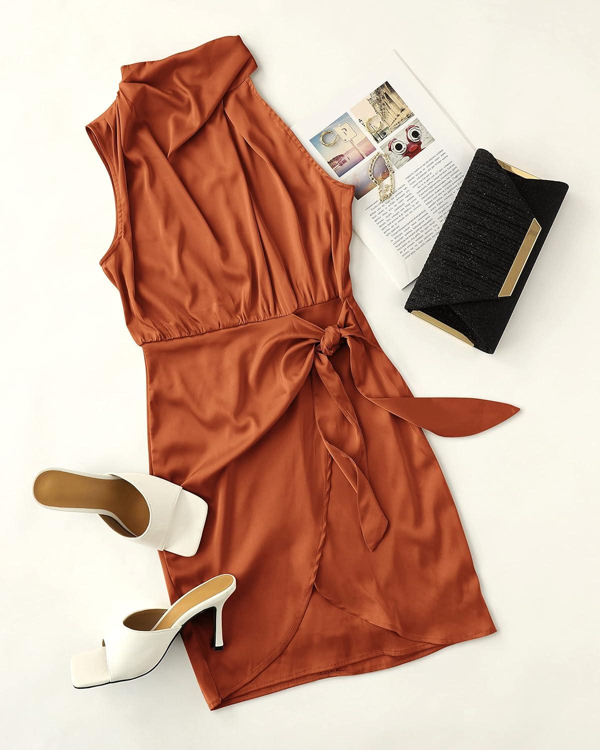 imageZESICA Womens 2025 Fashion Satin Sleeveless Halter Neck Tie Waist Wrap Bodycon Cocktail Party Mini DressRust