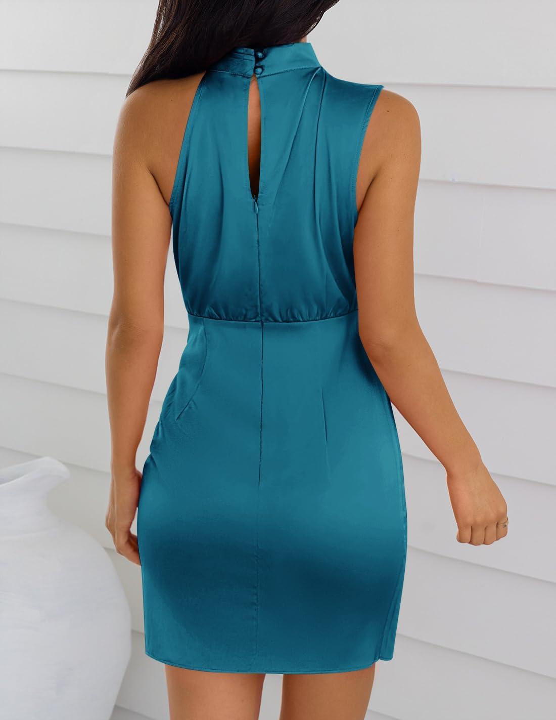 imageZESICA Womens 2025 Fashion Satin Sleeveless Halter Neck Tie Waist Wrap Bodycon Cocktail Party Mini DressTeal