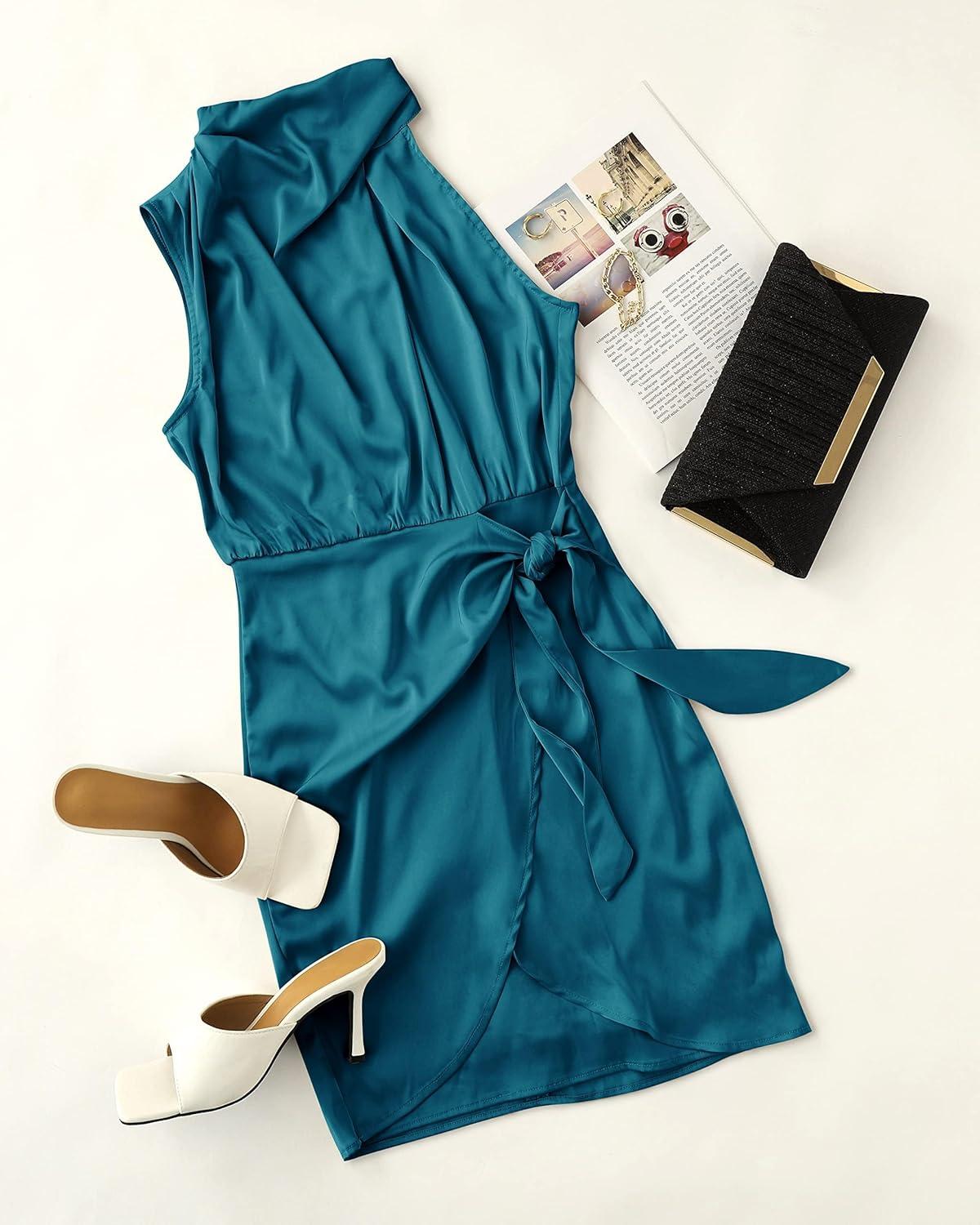 imageZESICA Womens 2025 Fashion Satin Sleeveless Halter Neck Tie Waist Wrap Bodycon Cocktail Party Mini DressTeal