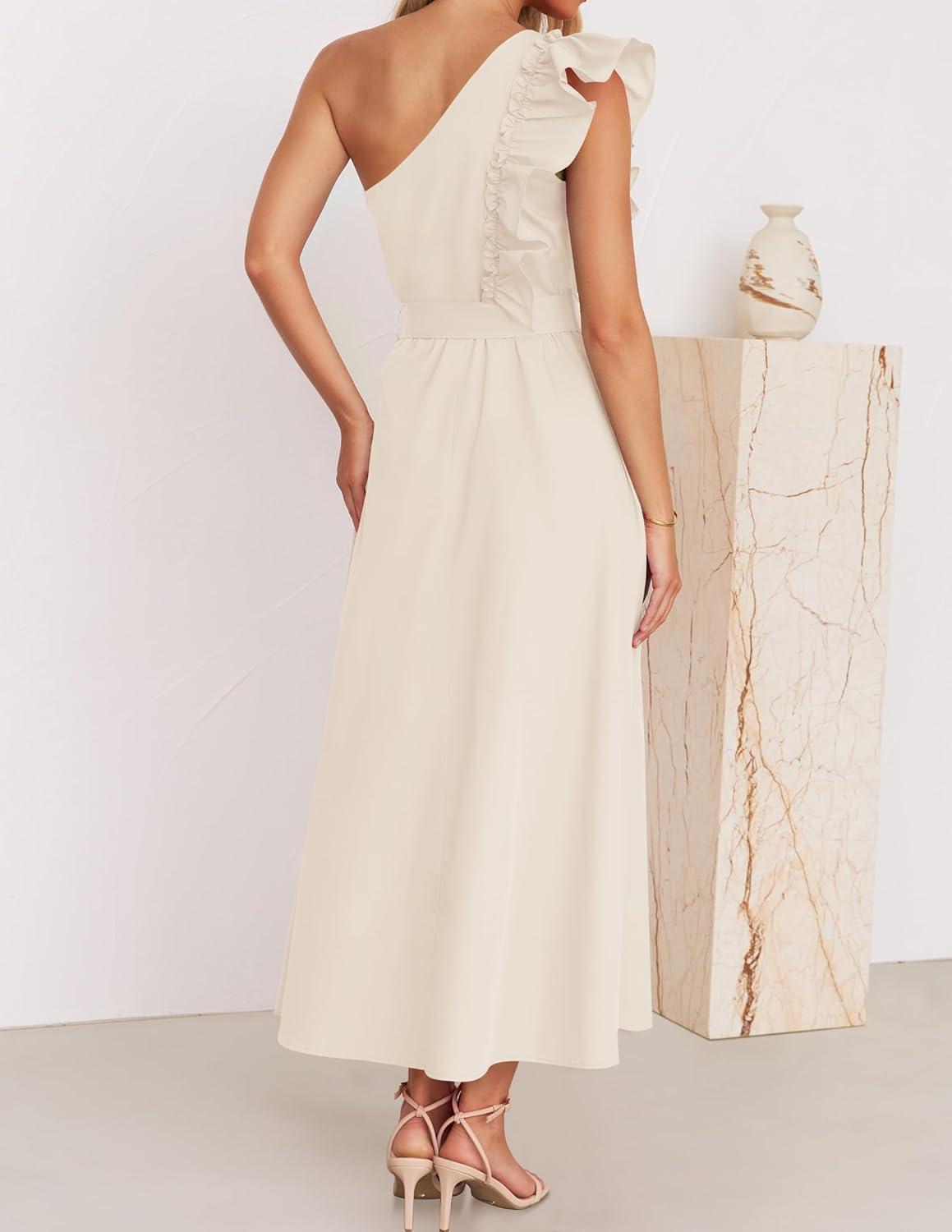 imageZESICA Womens 2025 Summer One Shoulder Ruffle Dress Sleeveless Empire Waist Boho Flowy Maxi DressesApricot
