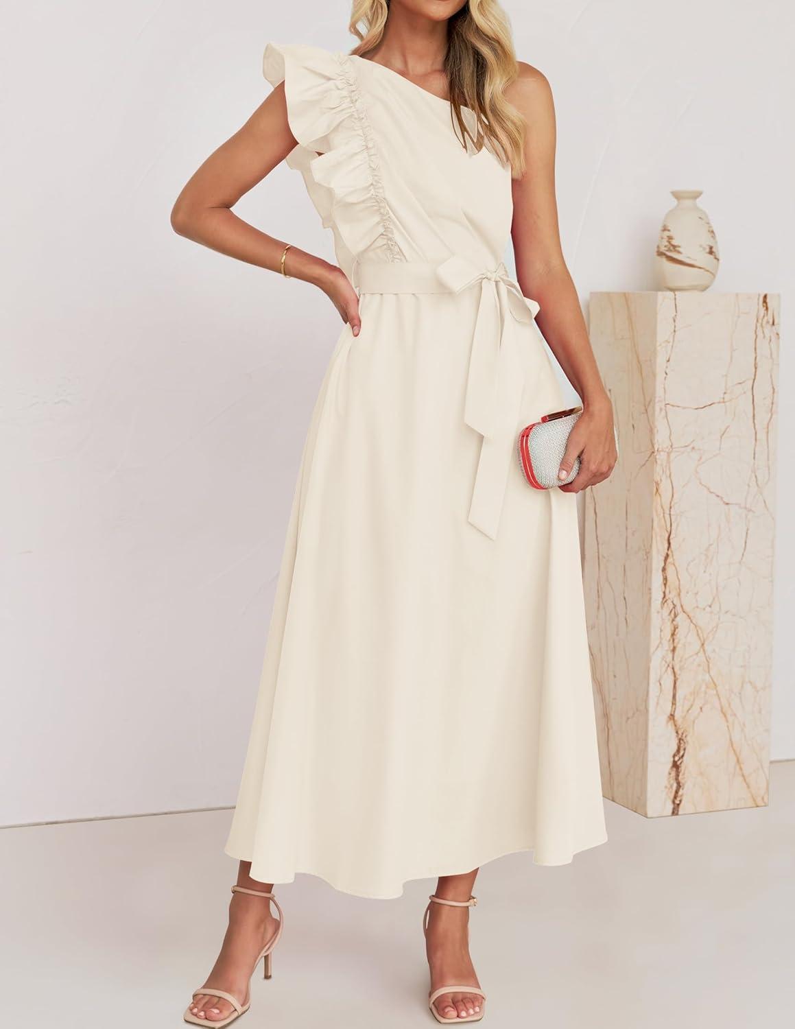 imageZESICA Womens 2025 Summer One Shoulder Ruffle Dress Sleeveless Empire Waist Boho Flowy Maxi DressesApricot