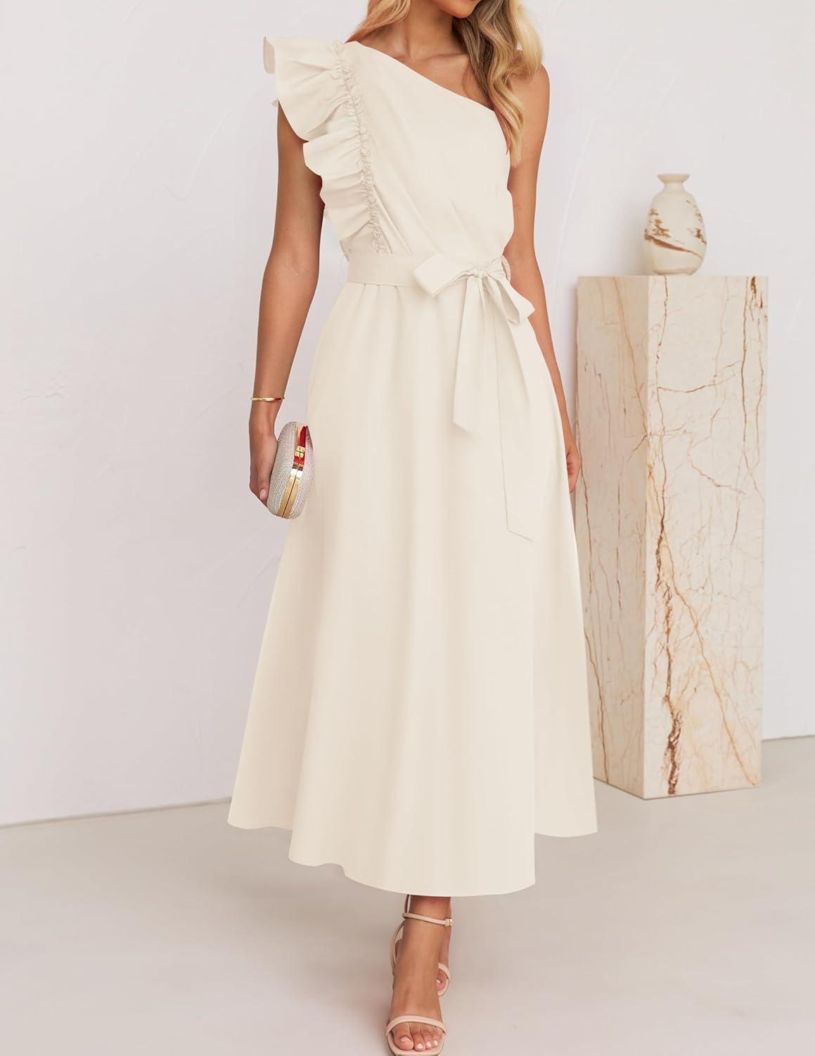 imageZESICA Womens 2025 Summer One Shoulder Ruffle Dress Sleeveless Empire Waist Boho Flowy Maxi DressesApricot