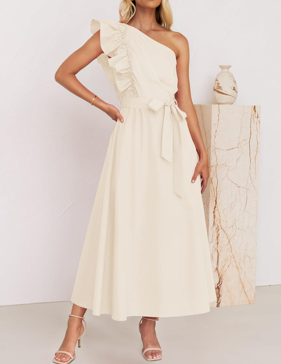 imageZESICA Womens 2025 Summer One Shoulder Ruffle Dress Sleeveless Empire Waist Boho Flowy Maxi DressesApricot