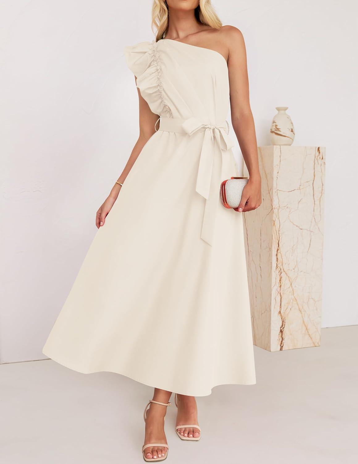 imageZESICA Womens 2025 Summer One Shoulder Ruffle Dress Sleeveless Empire Waist Boho Flowy Maxi DressesApricot