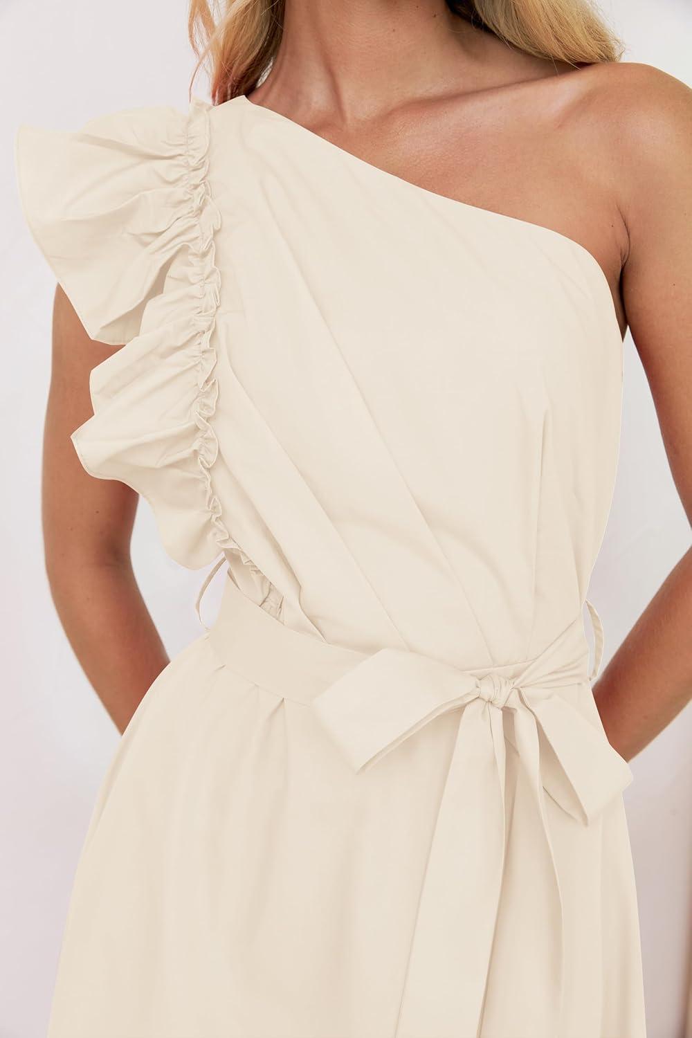 imageZESICA Womens 2025 Summer One Shoulder Ruffle Dress Sleeveless Empire Waist Boho Flowy Maxi DressesApricot