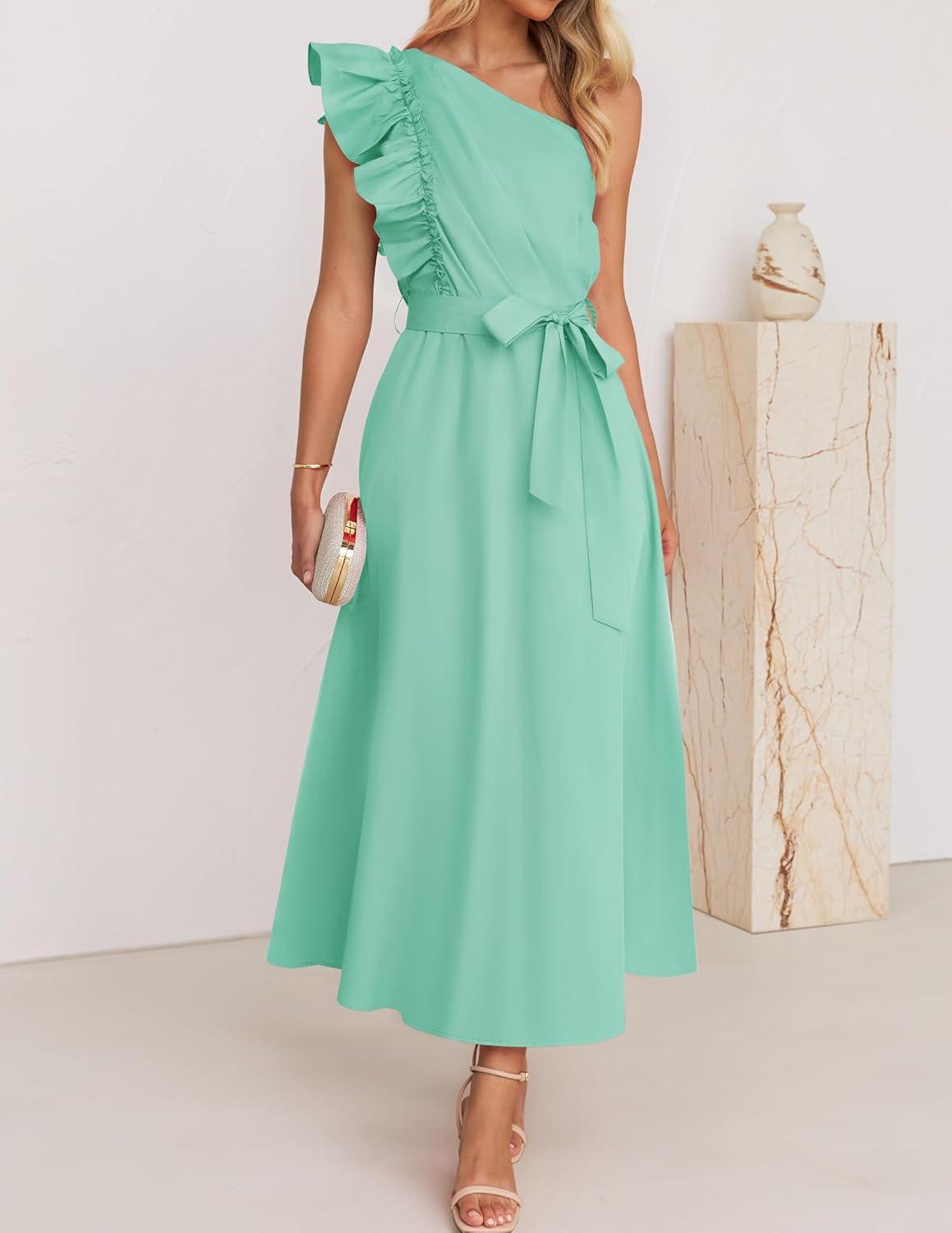 imageZESICA Womens 2025 Summer One Shoulder Ruffle Dress Sleeveless Empire Waist Boho Flowy Maxi DressesAqua