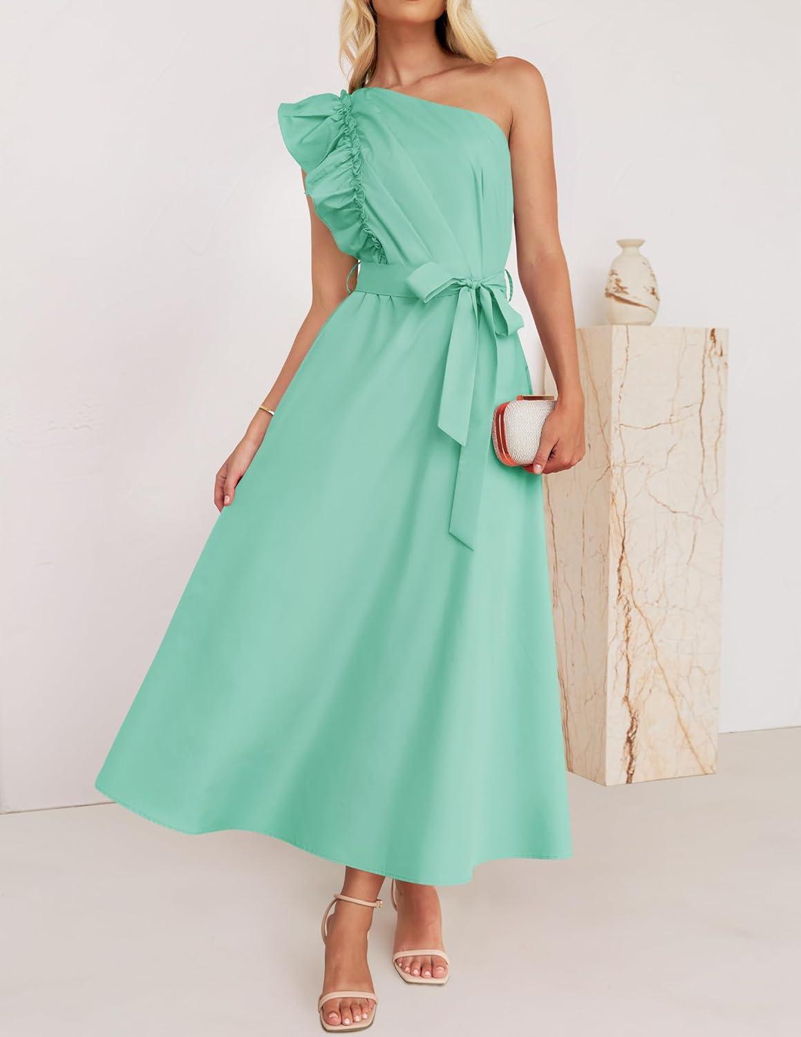 imageZESICA Womens 2025 Summer One Shoulder Ruffle Dress Sleeveless Empire Waist Boho Flowy Maxi DressesAqua