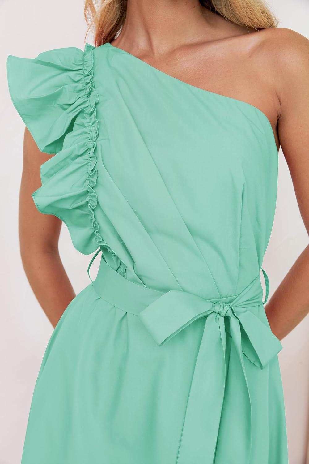 imageZESICA Womens 2025 Summer One Shoulder Ruffle Dress Sleeveless Empire Waist Boho Flowy Maxi DressesAqua