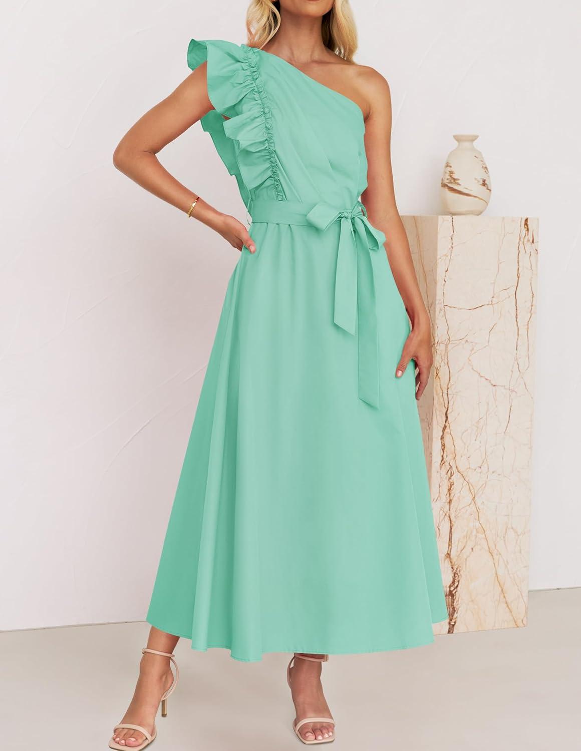imageZESICA Womens 2025 Summer One Shoulder Ruffle Dress Sleeveless Empire Waist Boho Flowy Maxi DressesAqua