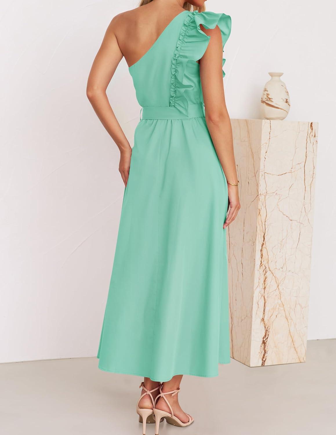 imageZESICA Womens 2025 Summer One Shoulder Ruffle Dress Sleeveless Empire Waist Boho Flowy Maxi DressesAqua