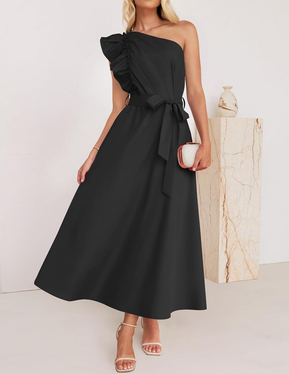 imageZESICA Womens 2025 Summer One Shoulder Ruffle Dress Sleeveless Empire Waist Boho Flowy Maxi DressesBlack