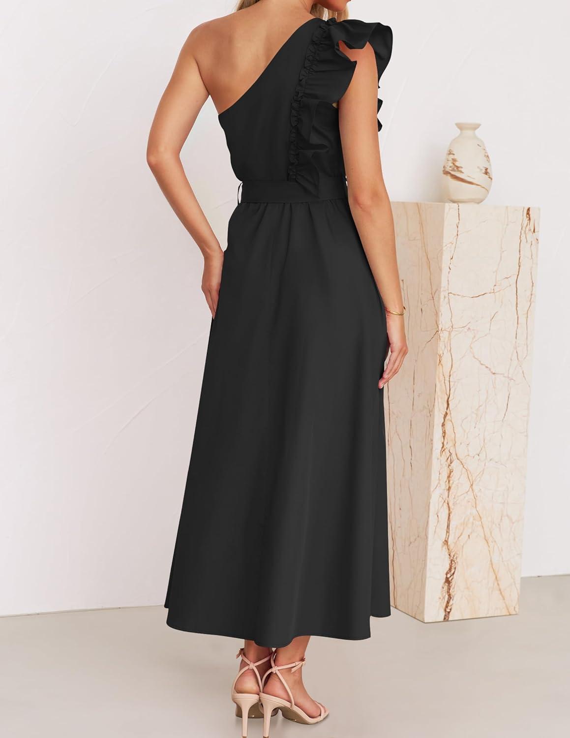 imageZESICA Womens 2025 Summer One Shoulder Ruffle Dress Sleeveless Empire Waist Boho Flowy Maxi DressesBlack