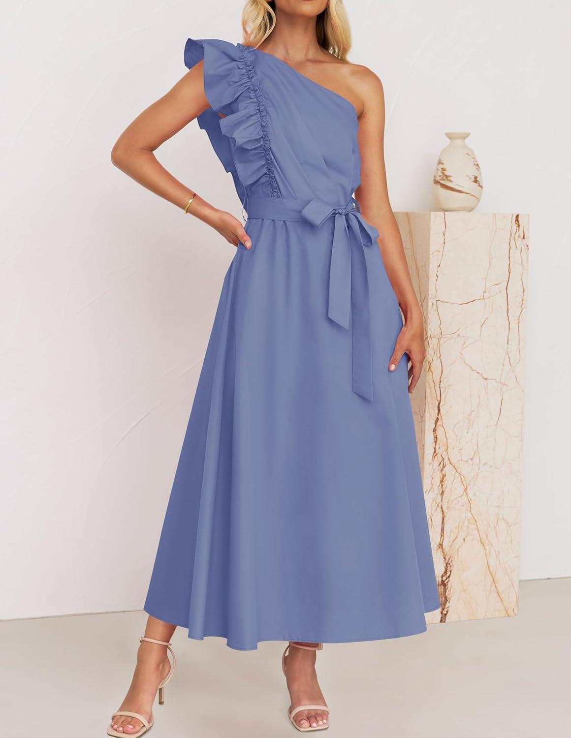 imageZESICA Womens 2025 Summer One Shoulder Ruffle Dress Sleeveless Empire Waist Boho Flowy Maxi DressesDustyblue