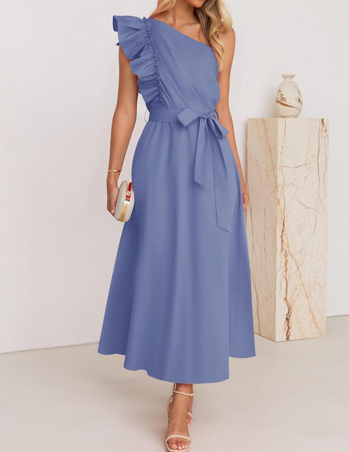imageZESICA Womens 2025 Summer One Shoulder Ruffle Dress Sleeveless Empire Waist Boho Flowy Maxi DressesDustyblue
