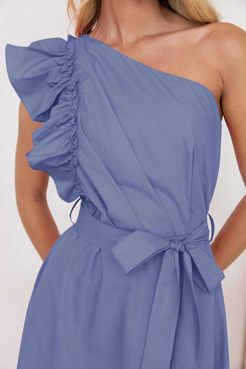 imageZESICA Womens 2025 Summer One Shoulder Ruffle Dress Sleeveless Empire Waist Boho Flowy Maxi DressesDustyblue